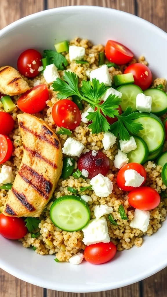 Mediterranean quinoa salad with grilled chicken, tomatoes, cucumber, feta, and parsley in a bowl.